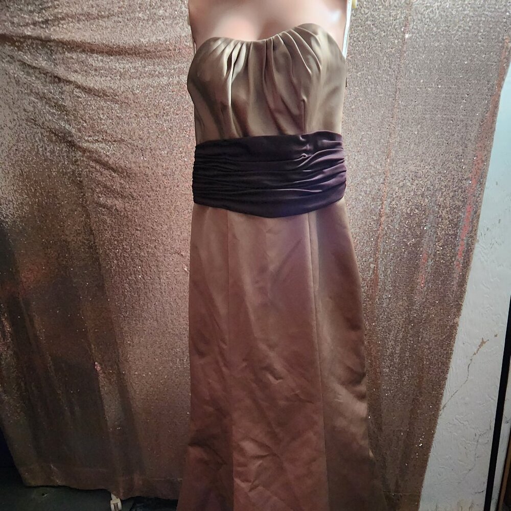 Formal Dress/Goldish/Tan and the waist band is brown. Wedding, Prom, Homecoming.